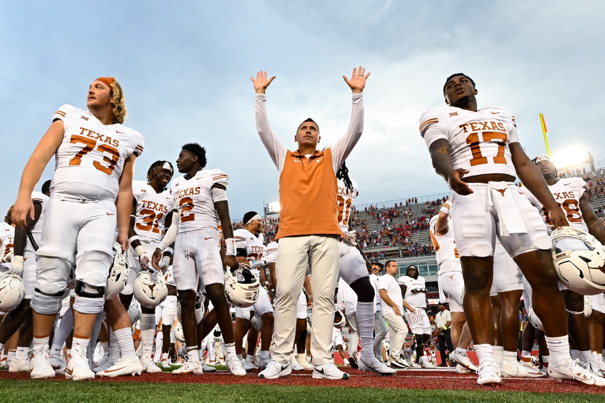 Texas Longhorns Steve Sarkisian celebrates a victory over Houston at TDECU Stadum in Houston, Texas. 